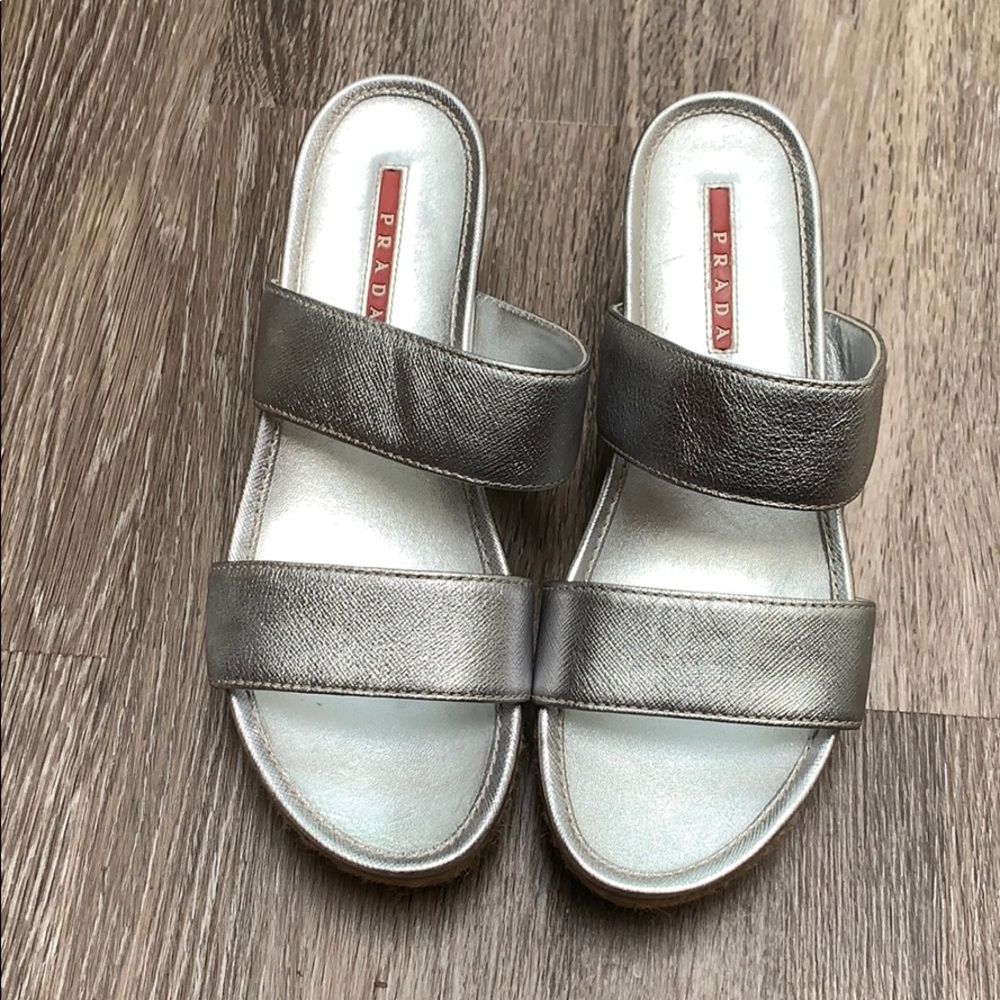 Prada espadril platform wedge sandals silver 36.5